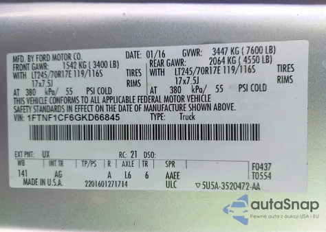 2016 Ford F-150 Xl z USA, uszkodzony, nr VIN 1FTNF1CF6GKD66845